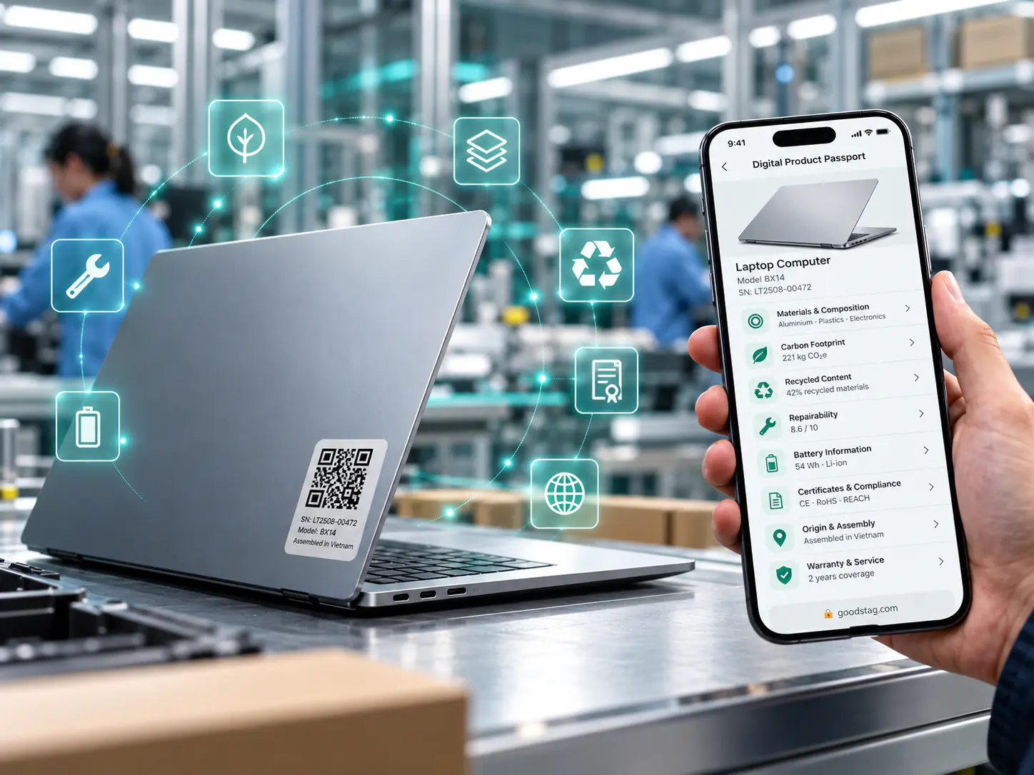 Laptop with a QR code label on a production line, next to a smartphone showing its Digital Product Passport