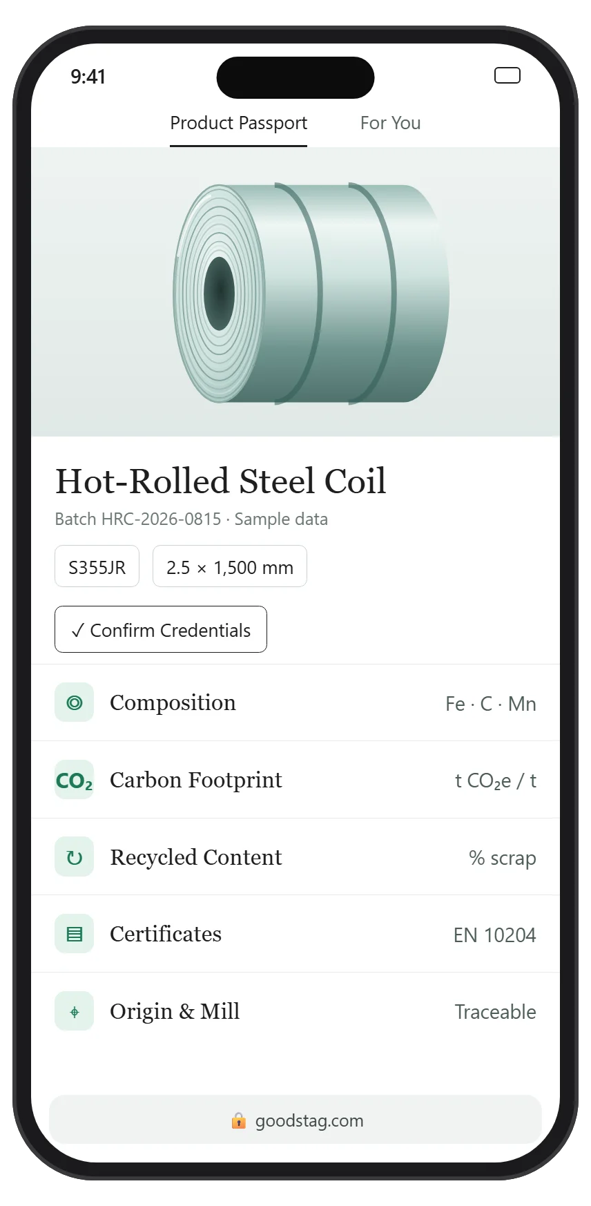 Example of an iron and steel Digital Product Passport on a smartphone, with sample data