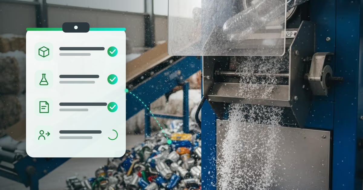 Packaging waste on a recycling conveyor next to a compliance checklist covering packaging, substances, conformity documents and supplier evidence