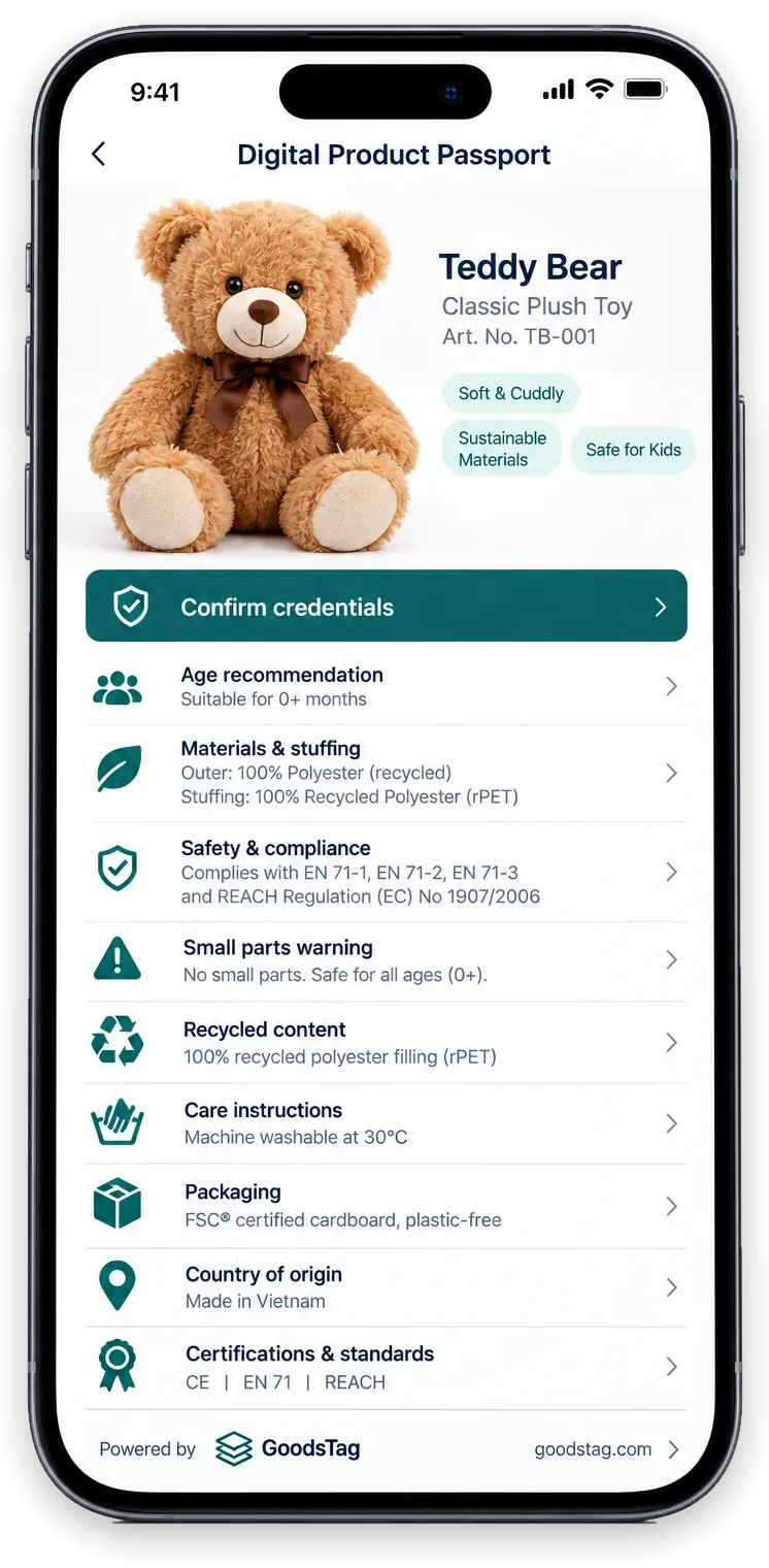 Example of a teddy bear Digital Product Passport on a smartphone, with sample data