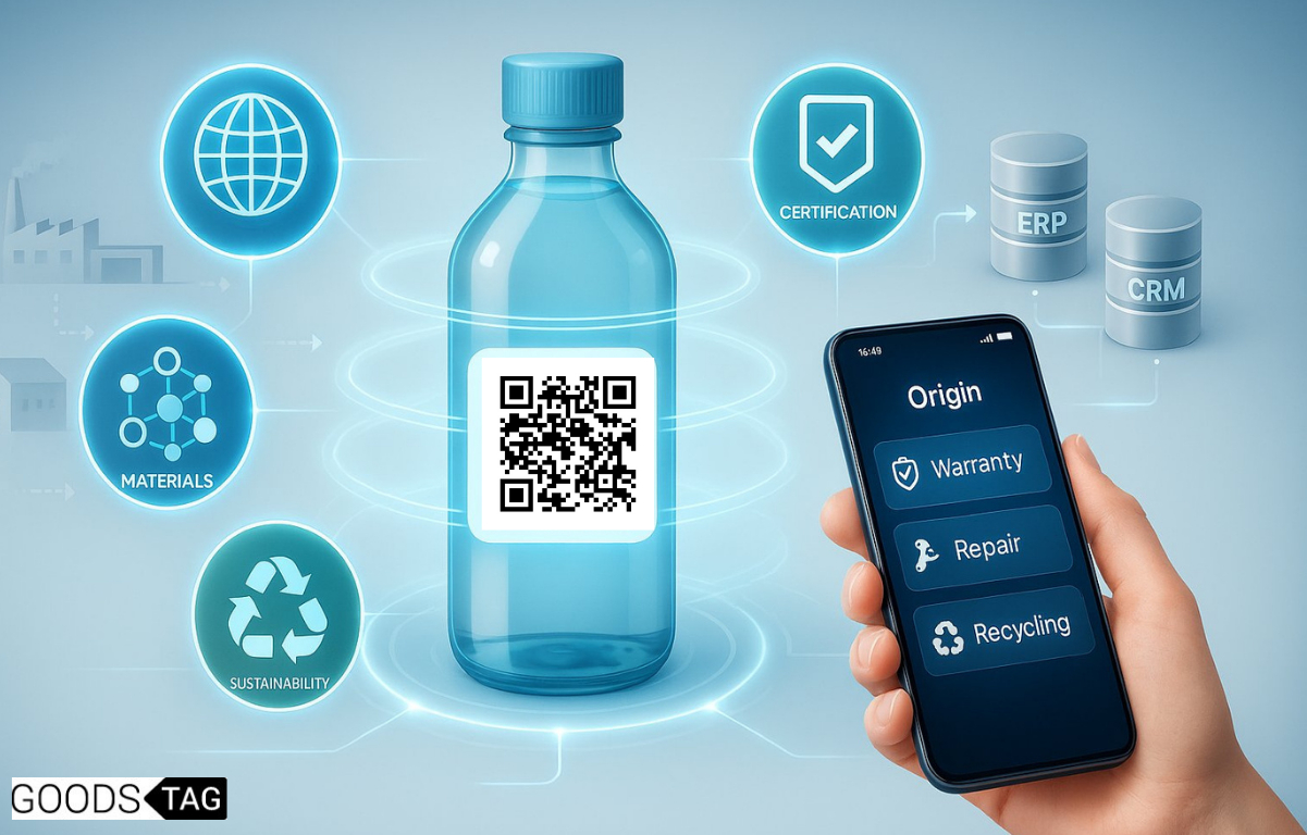A transparent bottle with a QR code surrounded by icons for origin, materials, certification, and sustainability, next to a hand holding a smartphone displaying product info like warranty, repair, and recycling, connected to ERP and CRM systems.