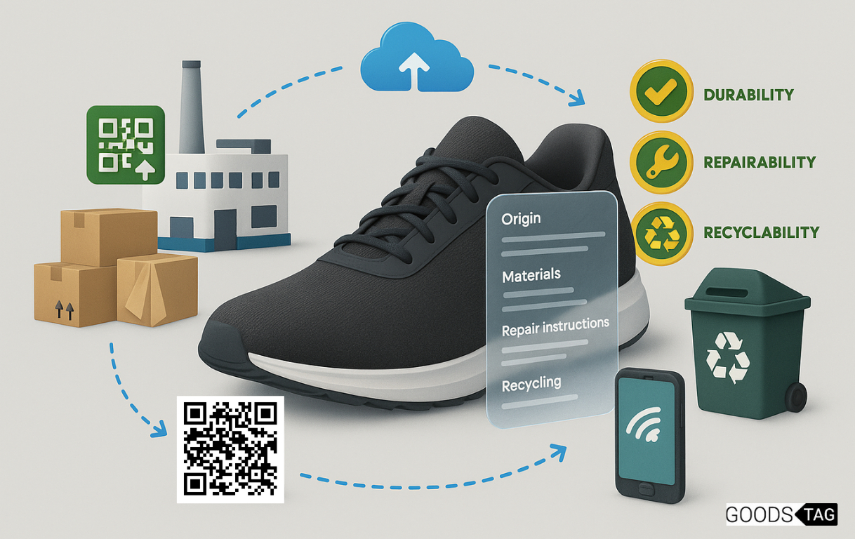 Digital Product Passport concept: a shoe with lifecycle data, QR code, and sustainability icons for durability, repairability, and recyclability.